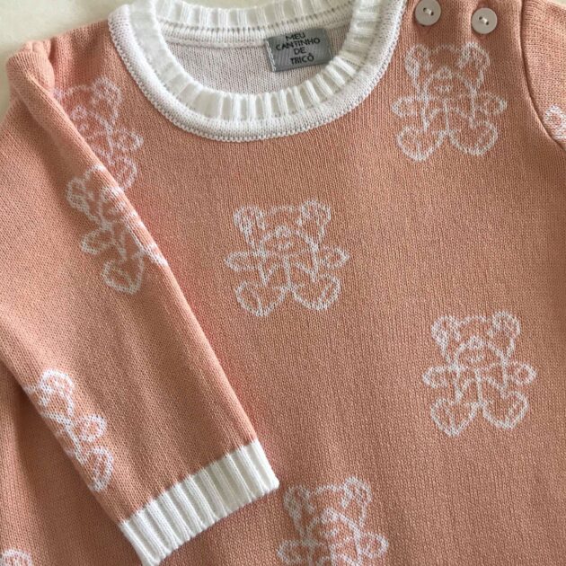 Macacão Tricot Ursinho Rosê - Meu Cantinho de Tricô